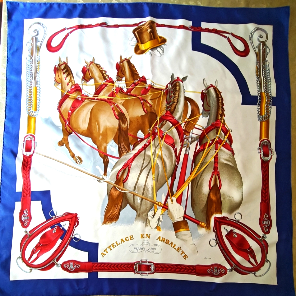 Authentic Herms Attelage En Arbalte Equestrian Themed Silk Scarf